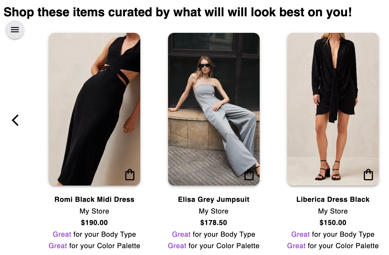 Veristyle Product Discovery widget on a storefront, showing conversational search and fit-aware product recommendations