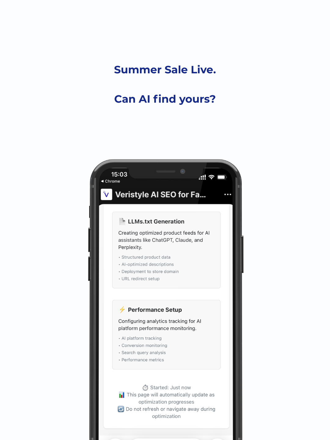 Veristyle's setup screen mid-optimization, showing llms.txt generation and structured product feed deployment for AI assistants like ChatGPT, Claude, and Perplexity.