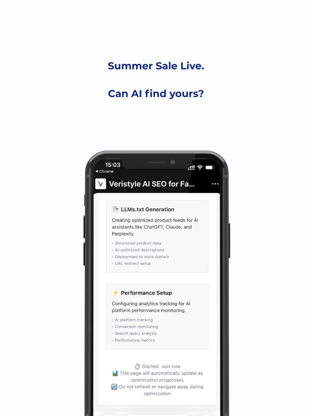 Veristyle's setup screen mid-optimization, showing llms.txt generation and structured product feed deployment for AI assistants like ChatGPT, Claude, and Perplexity.
